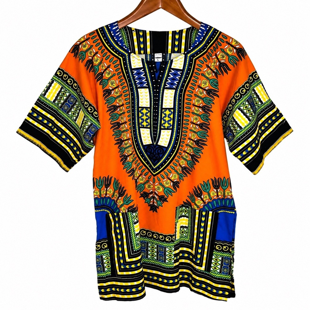 Vintage Dashiki Tunic Shirt Orange Blue African Print Cotton Unisex Large